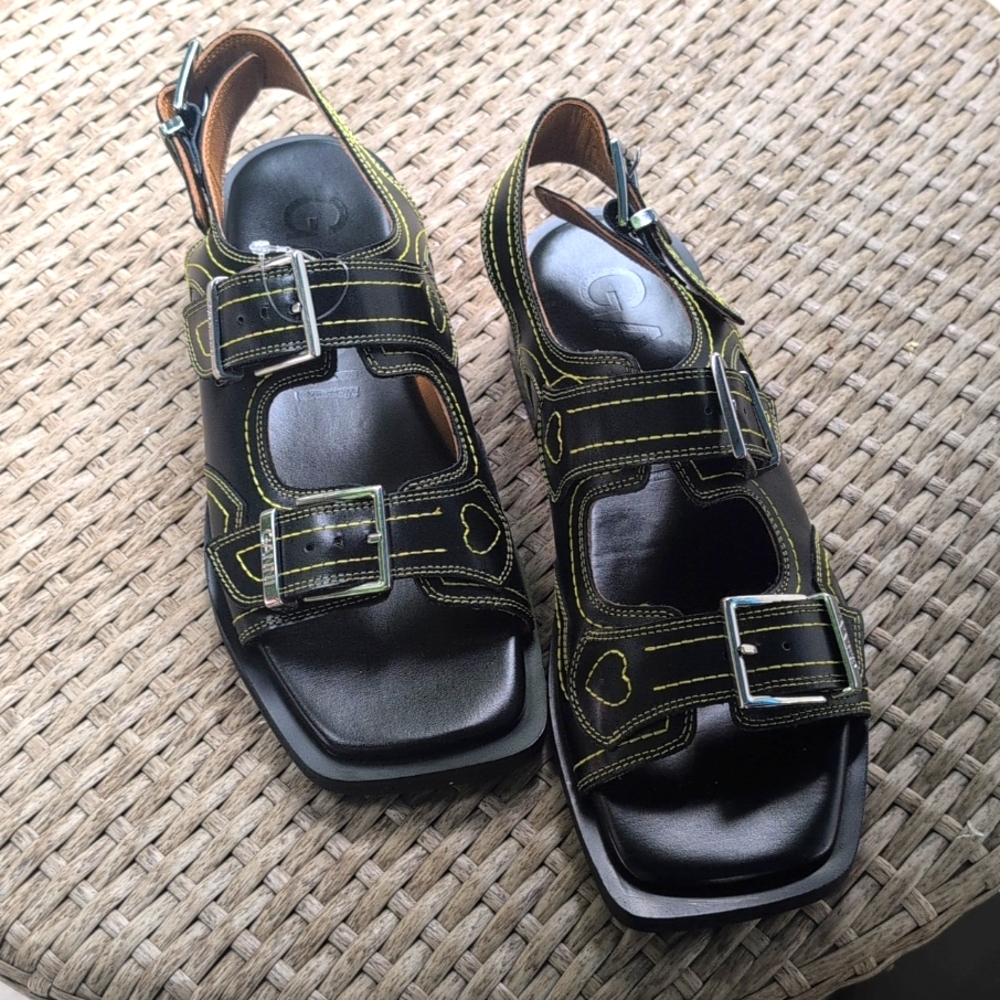 Ganni Black Leather Sandals with Adjustable Straps